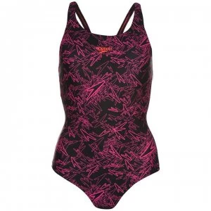 Image of Speedo Boom All Over Print Medallist Back Swimsuit Ladies - Blk/Elec Pink