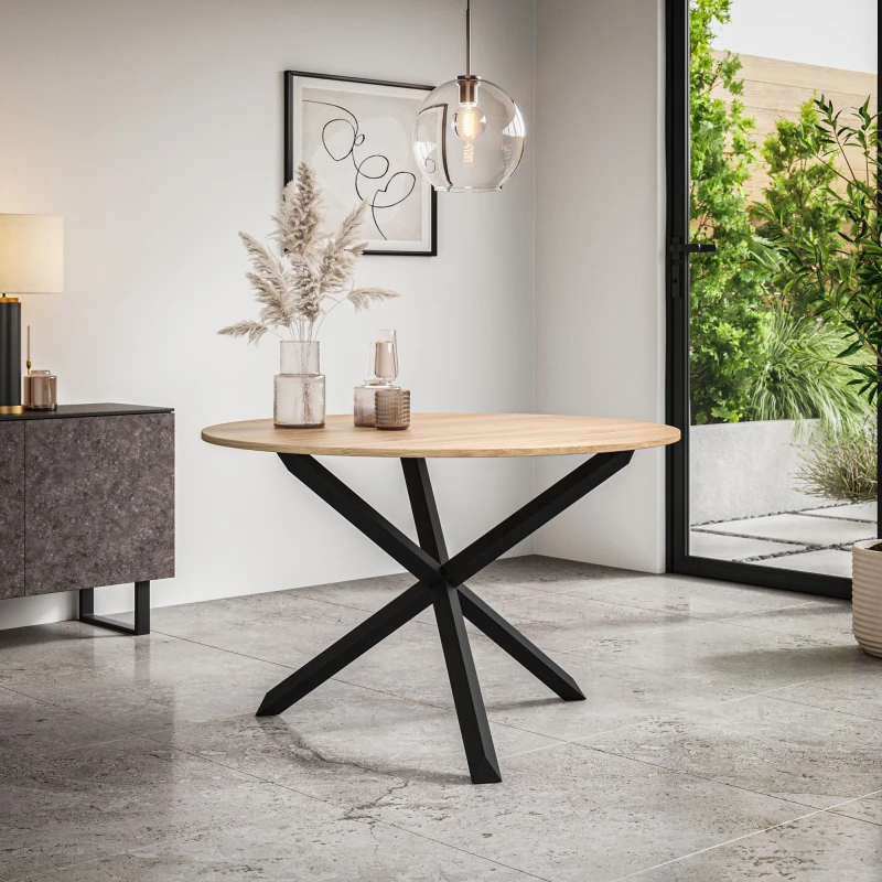 Image of More4Homes Malvern Round Dining Table Oak Effect Table Top W Solid Black Oak Legs