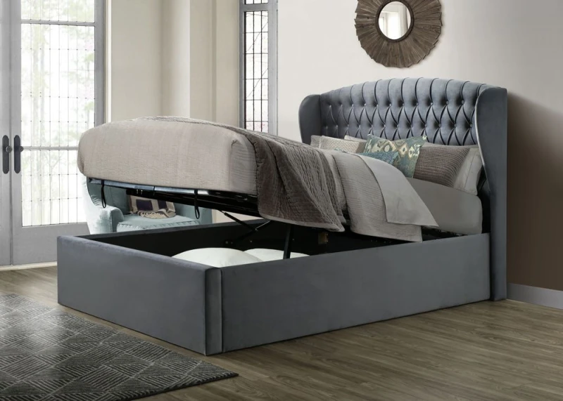 Image of Bedmaster Bedmaster Warwick Velvet Ottoman Bed And Primrose 2000 Pocket Sprung Memory Foam Mattress in Grey Size: Double Grey Double Unisex 95012242