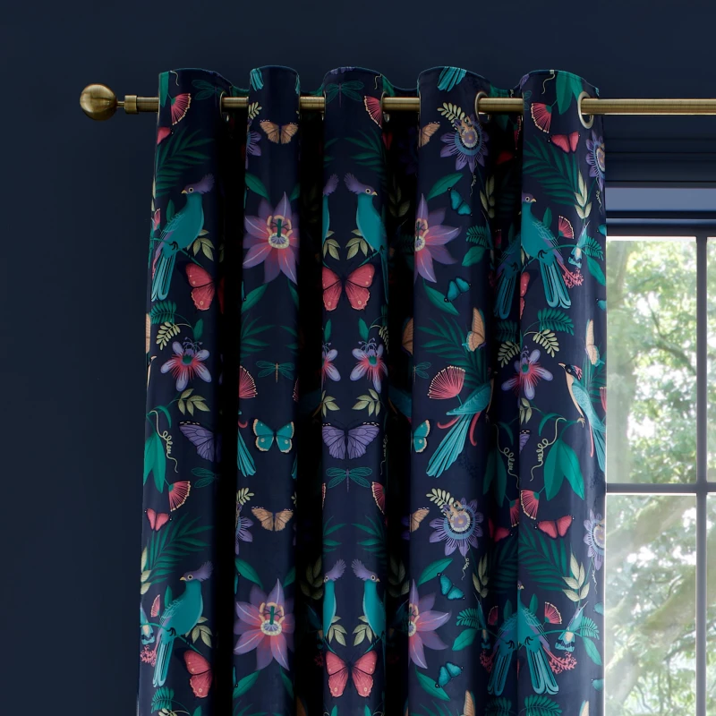 Image of Catherine Lansfield Catherine Lansfield Birds Velvet Curtain Navy 168 x 137cm WB02802