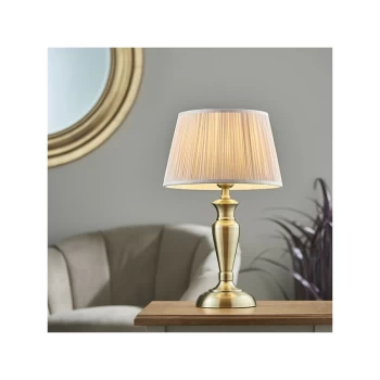 Image of Endon Lighting Oslo & Freya - Table Lamp Antique Brass Plate & Dusky Pink Silk 1 Light IP20 - E27
