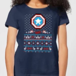 Image of Marvel Avengers Captain America Pixel Art Womens Christmas T-Shirt - Navy - S