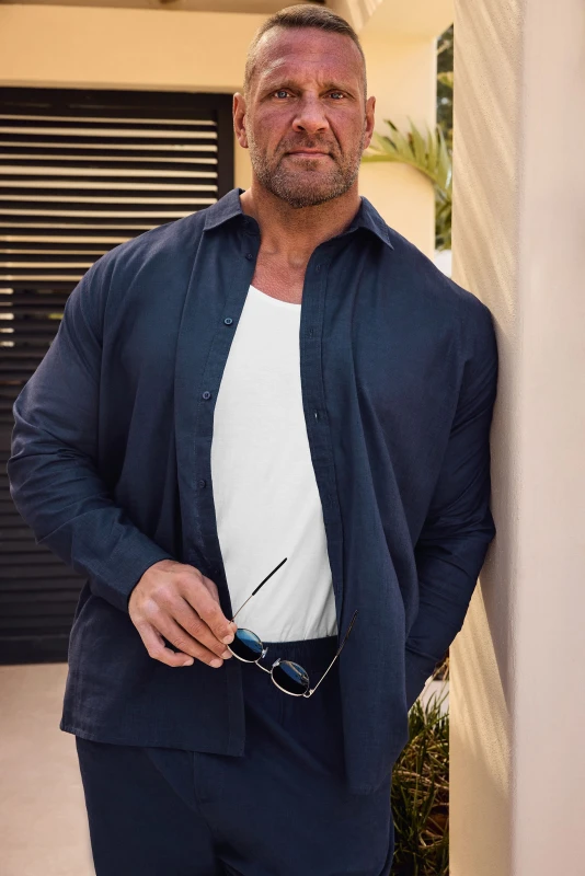 Image of BadRhino Long Sleeve Linen Shirt Dark Blue male