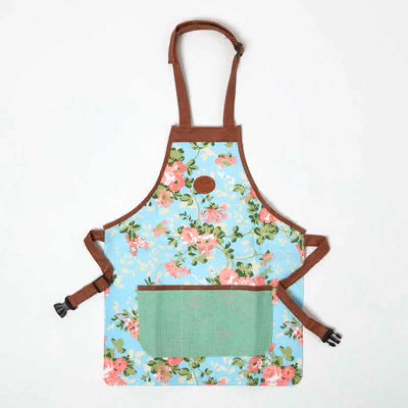 Image of Homescapes Blue and Pink Gardening Apron with Floral Rose Design Blue unisex