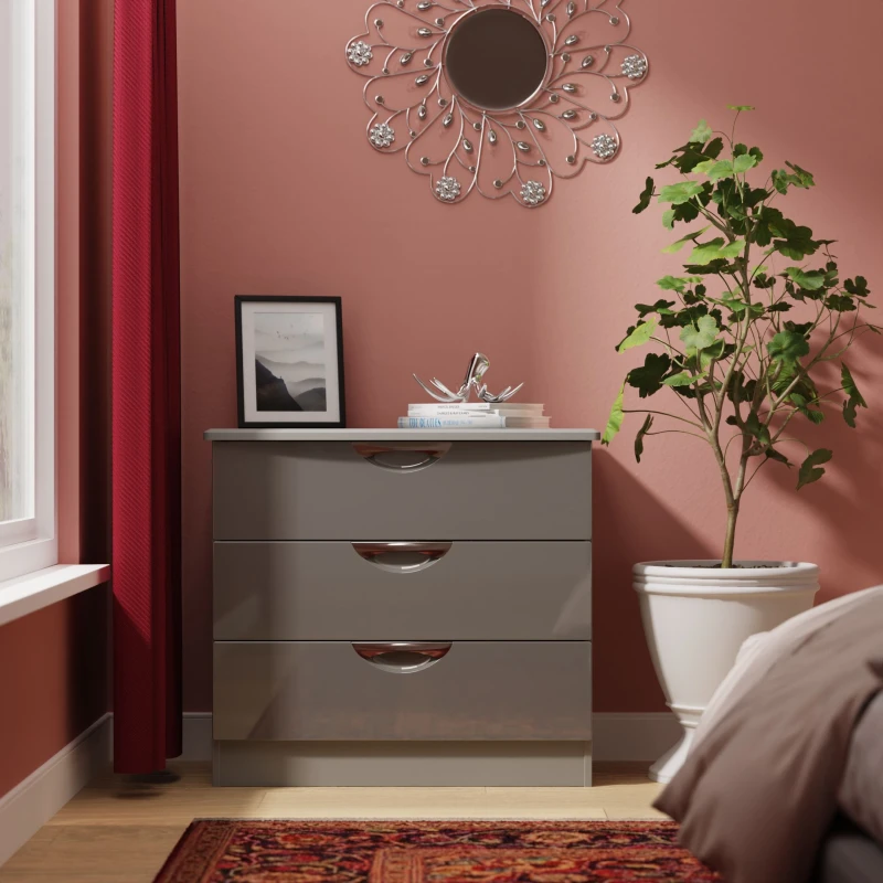 Image of Welcome Furniture Ltd Camden 3 Drawer Chest in Grey Gloss & Dusk Grey - Ready Assembled, Grey CAM010GGDG