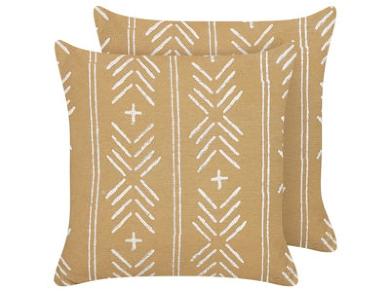 Image of Beliani Set Of 2 Decorative Cushions Banyan Cotton 45 X 45cm Sand Beige Geometric Pattern