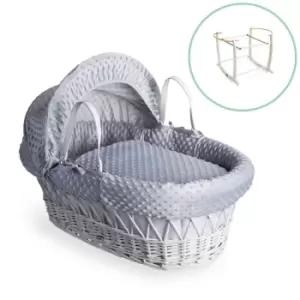 Image of Clair de Lune Dimple White Wicker Moses Basket in Grey & White Deluxe Rocking Stand - Grey