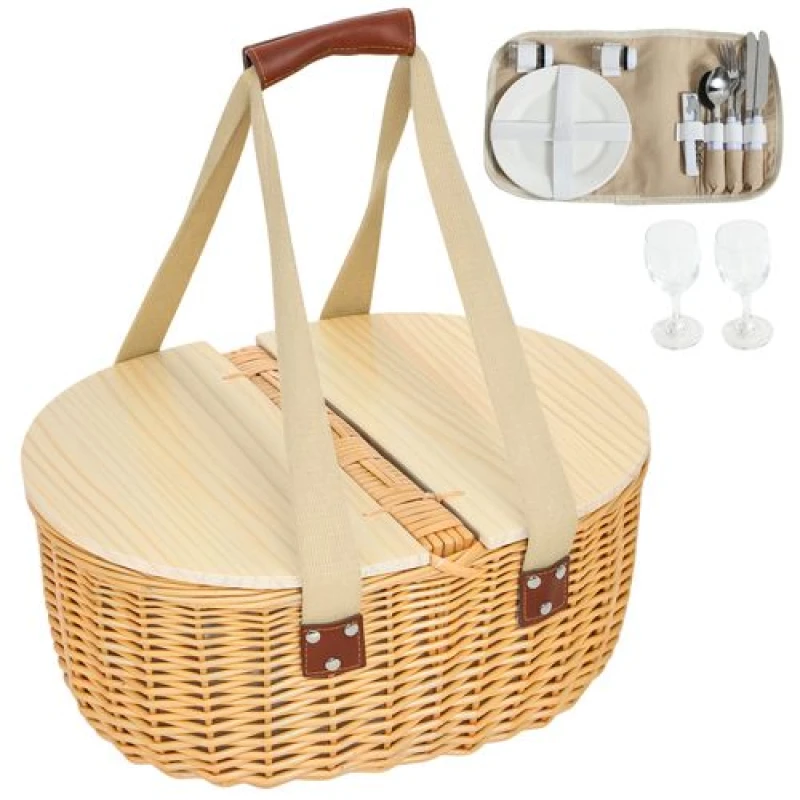 Image of Outsunny Outsunny Wicker Picnic Basket for 2 with Pine Wood Lid, Light Brown