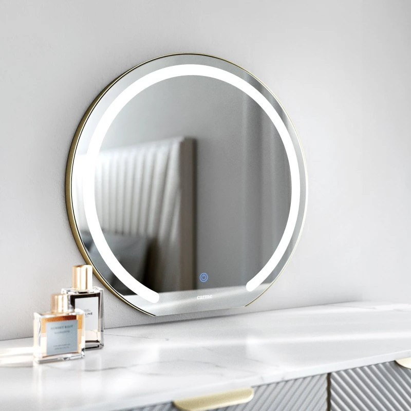 Image of CARME HOME Maisie Gold Frameless Touch Sensor LED Mirror with Lights - Wall Mount Gold Unisex