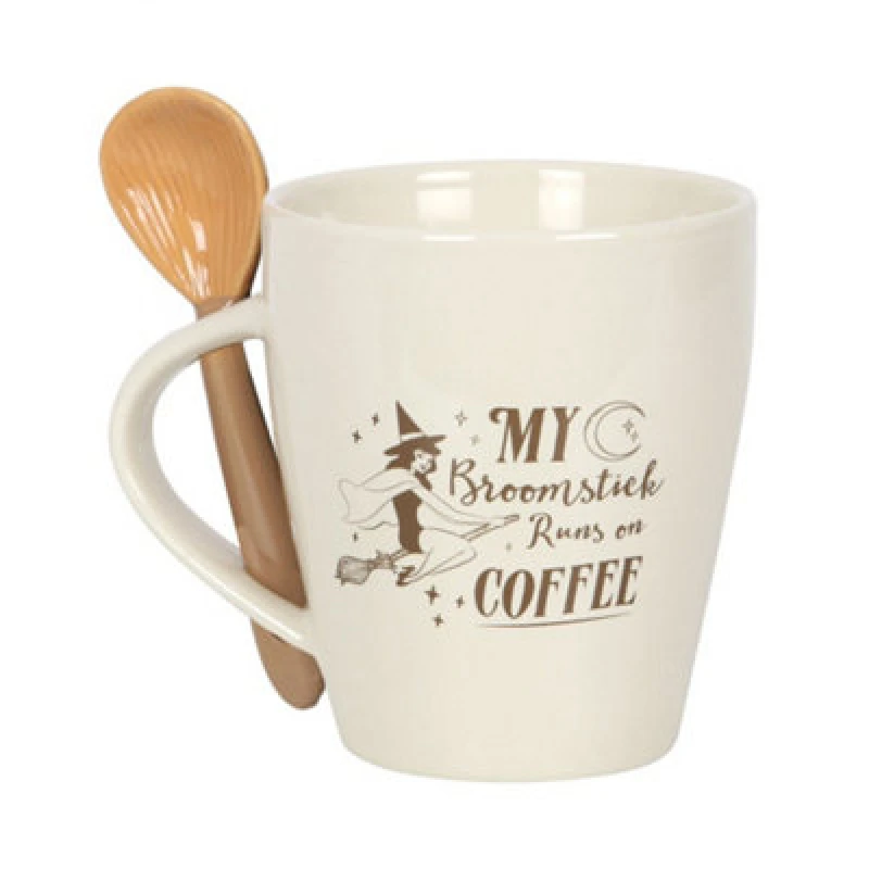 Image of Something Different Something Different My Broomstick Runs On Coffee Mug & Spoon Set in Off White Off White One Size Unisex 5063425344048