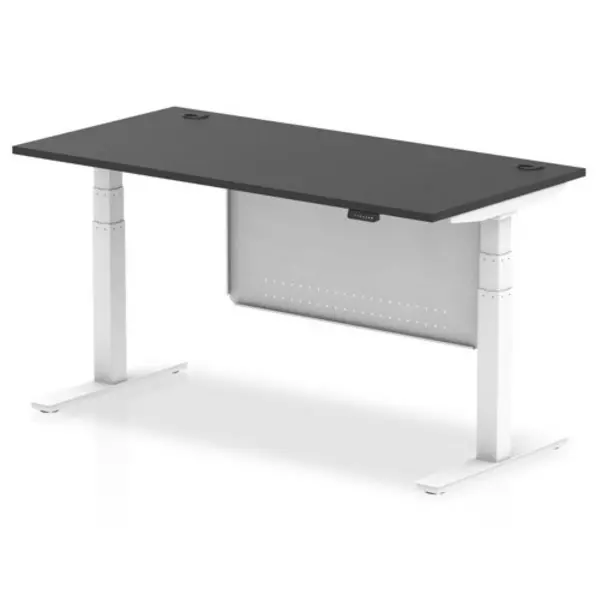 Image of Air Black Series 1600 x 800mm Height Adjustable Desk Black Top with Cable Ports White Leg With White Steel Modesty Panel