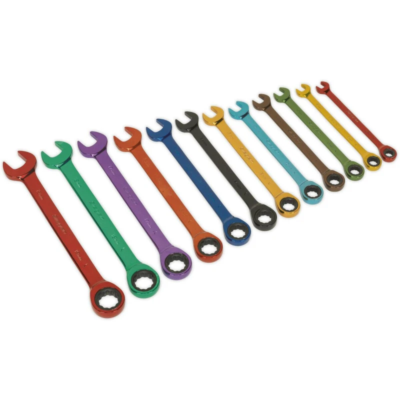 Image of Loops 12pc MULTI COLOUR Combination Ratchet Spanner Kit - Hardened Metric Socket Ring Multi