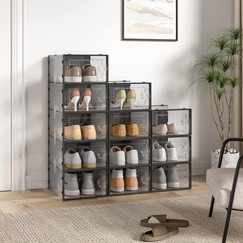 Image of Cottonfy UK 12 Pack Black Plastic Shoe Storage Boxes-Large Black L