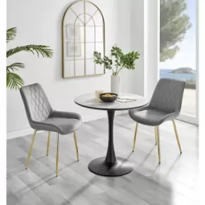 Image of Furniturebox Elina White Marble Effect Modern 80cm Round Dining Table & 2 Grey Pesaro Gold Leg Velvet Chairs