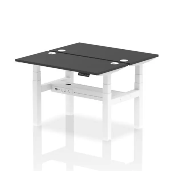 Image of Air Air Back-to-Back 1200 x 600mm Height Adjustable 2 Person Bench Desk Black Top with Cable Ports White Frame HASCP2P12600BLKW