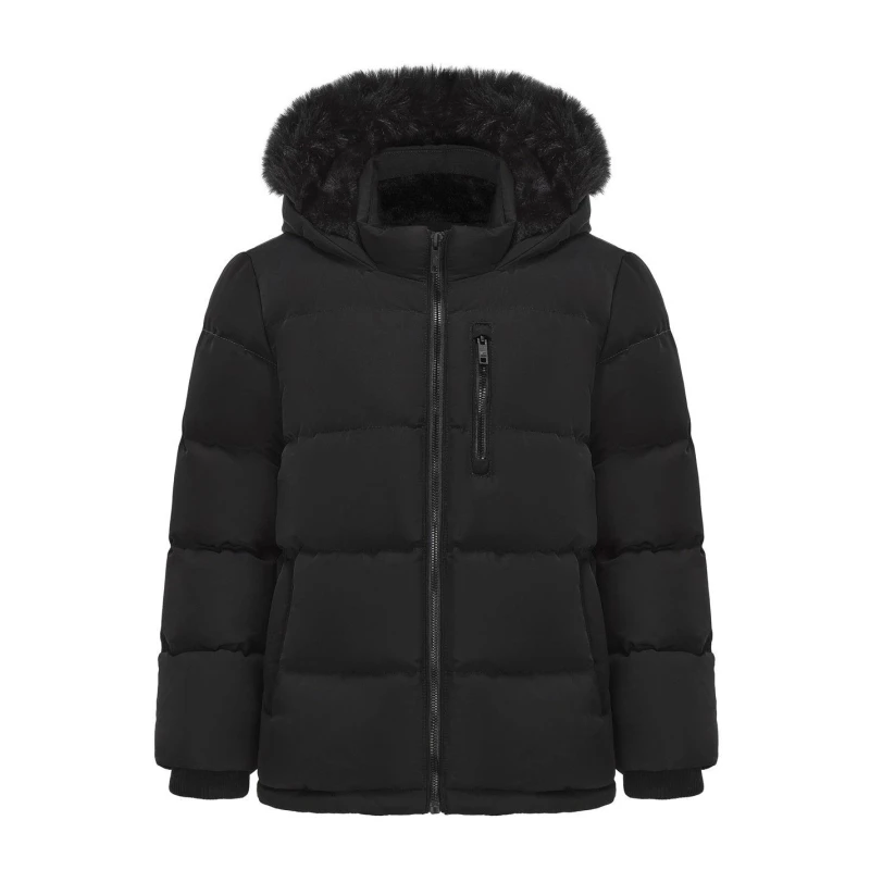 Image of SoulCal Kids Double Zip Detachable Faux Fur Hood Fleece Lined Short Puffer Jacket Black male 7-8 Years