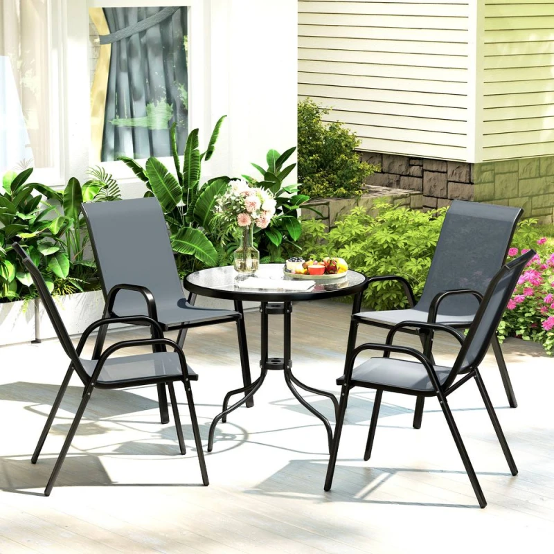 Image of Outsunny 5 PCs Garden Furniture Set, Round Table and Stackable Chairs, Grey Pale Grey