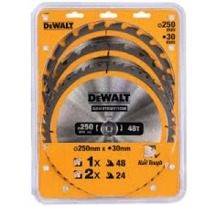 Image of DEWALT 3 Piece 250mm Construction Circular Saw Blade Set 250mm Assorted Teeth 30mm