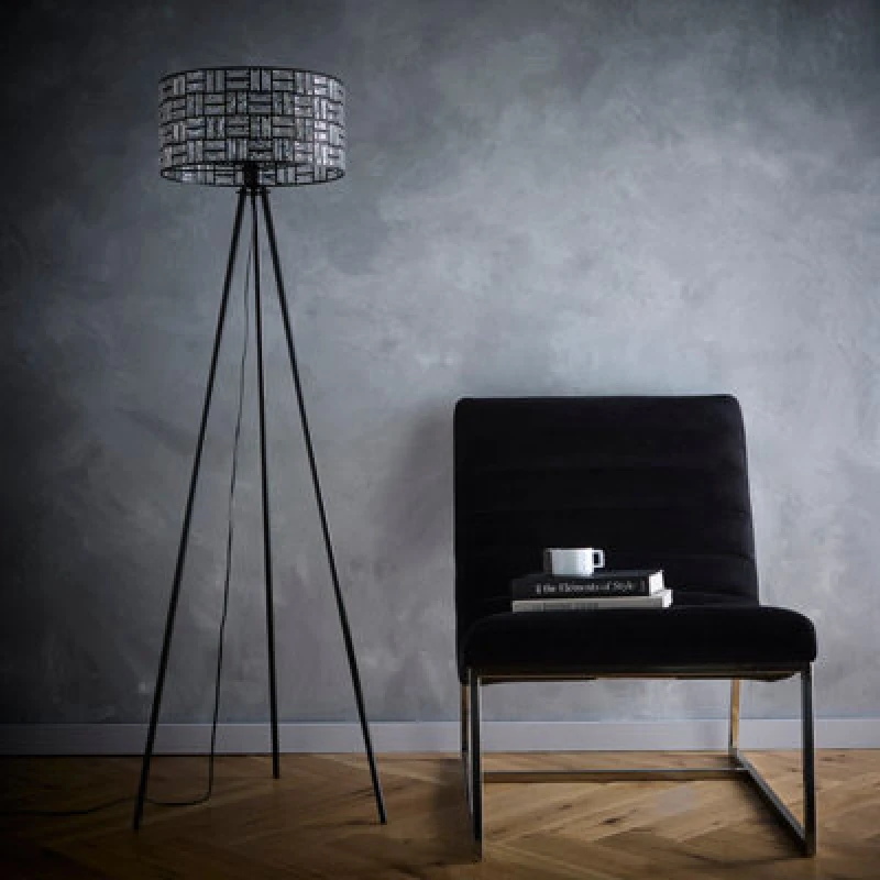 Image of K LIVING Bronx Black Modern Tripod Floor Lamp with Acrylic Glass Drum Shade Black