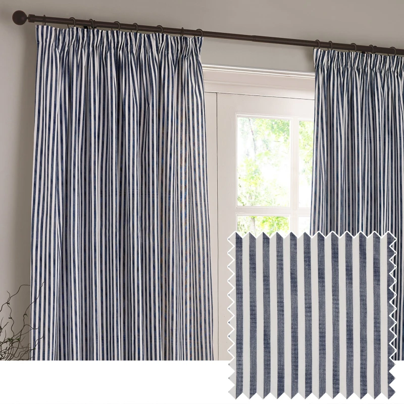 Image of Yard Hebden Striped Cotton Pencil Pleat Curtain Pair Navy 168 X 137Cm, Blue 5025532824653.00