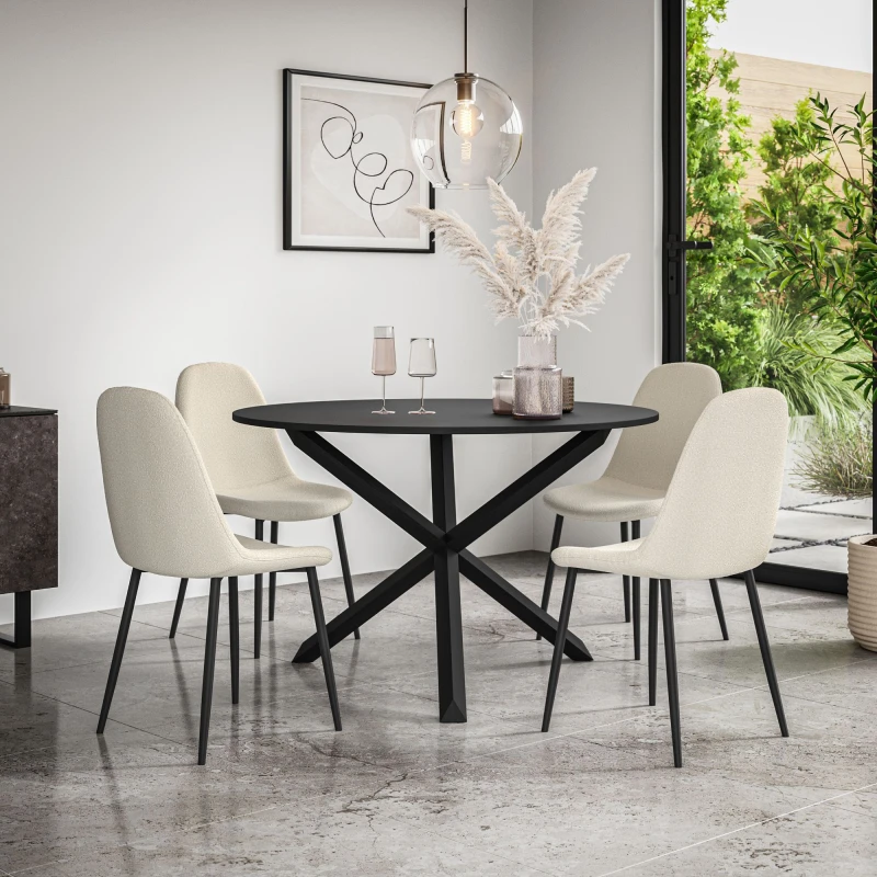 Image of More4Homes Malvern Round Dining Table And Chairs - Black Table Top W Solid Oak Black Legs + Maya Boucle Dining Chair Set Of 4 (Ivory White)