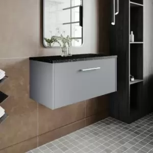 Image of Hudson Reed Juno Wall Hung 1-Drawer Vanity Unit with Sparkling Black Worktop 800mm Wide - Coastal Grey