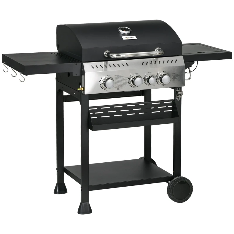 Image of Outsunny Outsunny - 3+1 Burner Propane Gas Barbecue Grill with Thermometer, Bottle Opener - Black 5056725505004