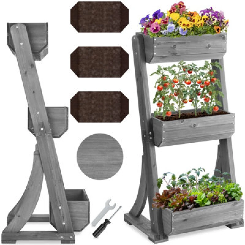 Image of Tectake Vertical Planter Flora In A Rustic Wooden Design With 3 To 5 Tiers And Plant Fleece Included 60 X 49 X 140 Cm - Grey