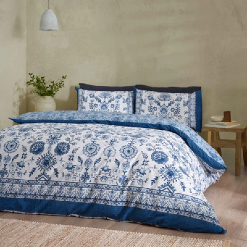 Image of Catherine Lansfield Zoukara Floral Reversible Single Duvet Cover Set With Pillowcase Blue