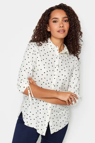 Image of Polka Dot Ruched Sleeve Shirt