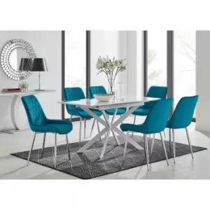 Image of Furniture Box LIRA 120 Extending Dining Table and 6 Blue Pesaro Silver Leg Chairs