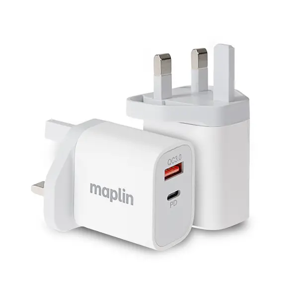 Image of Maplin Maplin 2 Port USB Wall Charger 1x USB-A 1x USB-C PD QC 3.0 35W High Speed Charging 486PAM