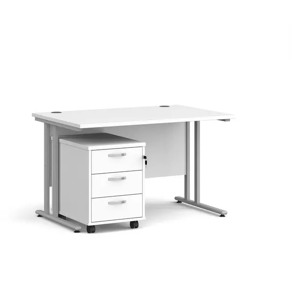 Image of Maestro 25 Straight Desk Silver Frame White Table Top and 3 Drawer Pedestal - 1200mm