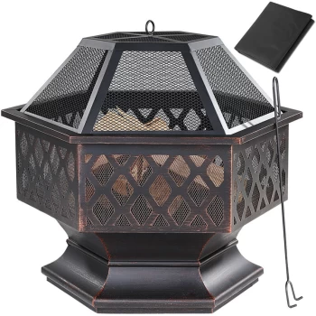 Image of Fire Pit Hexagonal 70x60.5cm Steel Modern Spark Protection Fireplace Fire Bowl Fire Garden Terrace Grate - Gardebruk