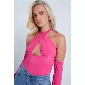 Image of I Saw It First Hot Pink Halterneck Bardot Bodysuit - Pink