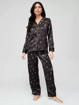 Image of Lauren by Ralph Lauren Satin Crown Print Pyjama - Black Srint, Black, Size S, Women