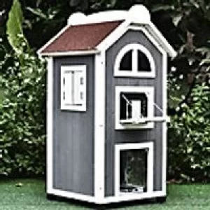 Image of Pawhut Cat House Waterproof Outdoor Grey and White
