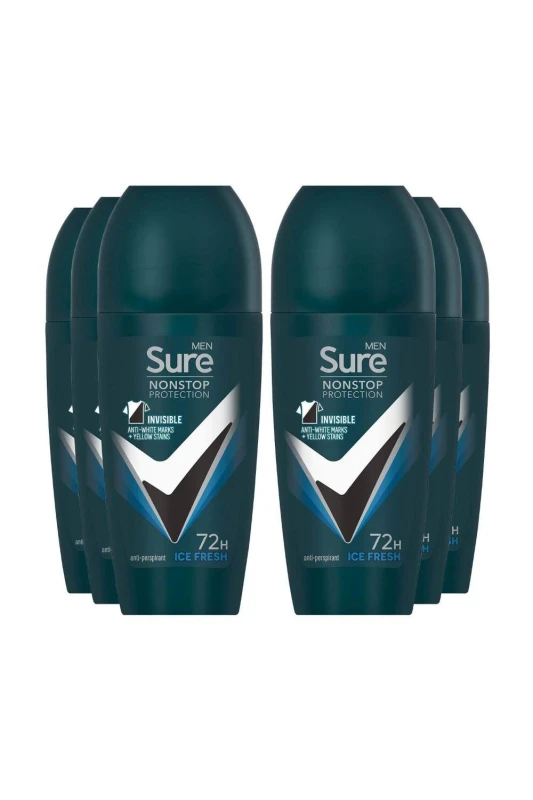 Image of Sure Men 'Anti-Perspirant Roll On' 72H Nonstop Protection Ice Fresh, 6x50ml White male