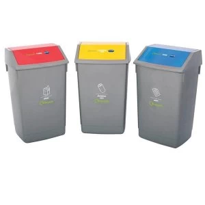 Image of Recycle Bin Kit 3 x 60L Bins with Colour Coded Lids Flip Top Pack of 3