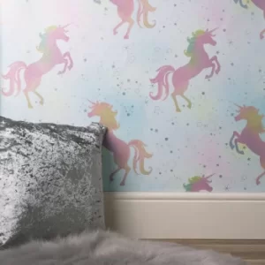 Image of Coloroll Dancing Unicorn Pink Wallpaper Pink, Blue and Green