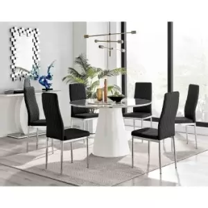 Image of Furniture Box Palma White Marble Effect Round Dining Table and 6 Black Milan Chrome Leg Chairs