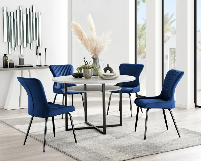 Image of FurnitureboxUK FurnitureboxUK Adley Grey Concrete Effect Round Dining Table & 4 Nora Black Leg Velvet Chairs in Blue Blue One Size Unisex 505654268471