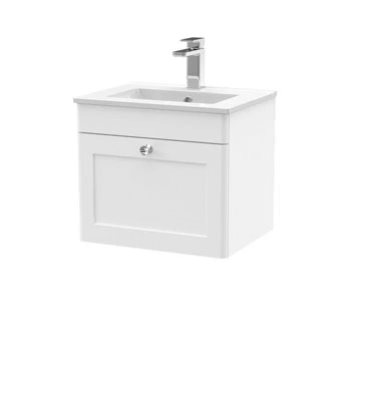 Image of Nuie Classique Wall Hung 1 Drawer Vanity Unit & Minimalist Ceramic Basin, Sink Vanity Unit In Satin White With White Basin