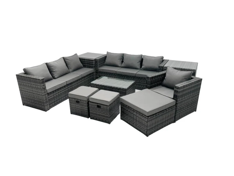 Image of Fimous 10-seater Patio Coffee Table Sofa Set with 3 Stools 2 Side Tables in Dark Grey Dark Grey Unisex