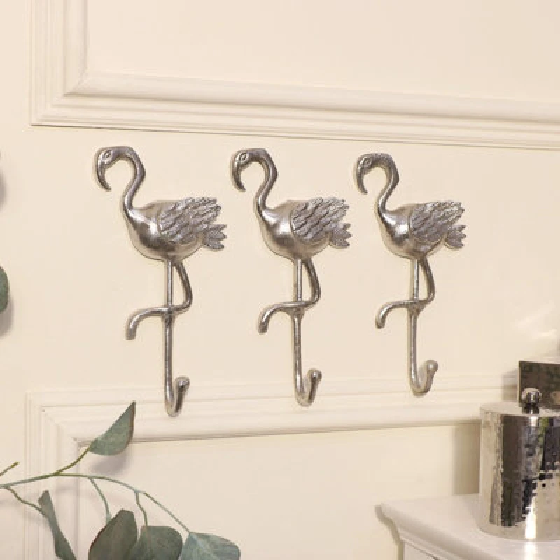Image of Melody Maison Set Of 3 Silver Flamingo Wall Hooks Metallic Silver