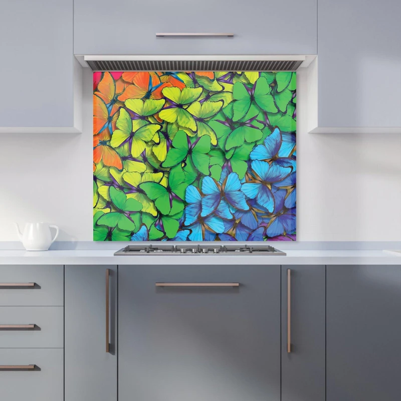 Image of Warren Reed - Designer Multicoloured Butterflies Kitchen Splashback in Green Size: 700mm x 750mm Green Unisex 700mm x 750mm