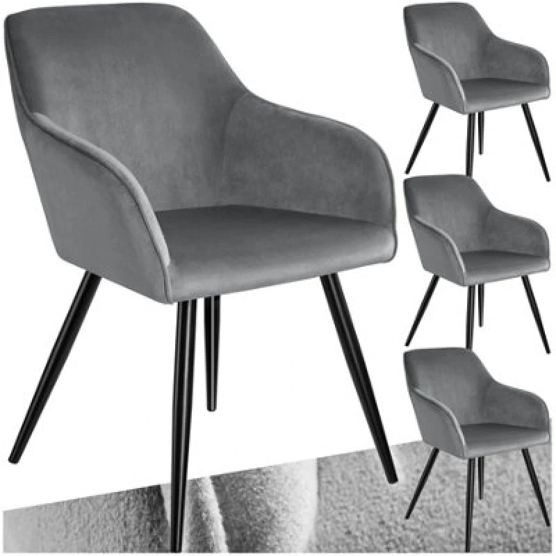 Image of Tectake Set Of 4 Dining Chair Marilyn - With Armrests, Padded, Velvet Look, Black Steel Legs - Grey/black