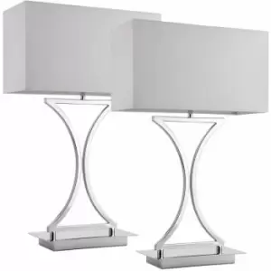 Image of 2 pack Modern Table Lamp Light Chrome Metal & White Shade Square Desk Sideboard