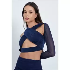 Image of I Saw It First Navy Slinky & Mesh Ruched Front Long Sleeve Crop Top - Blue