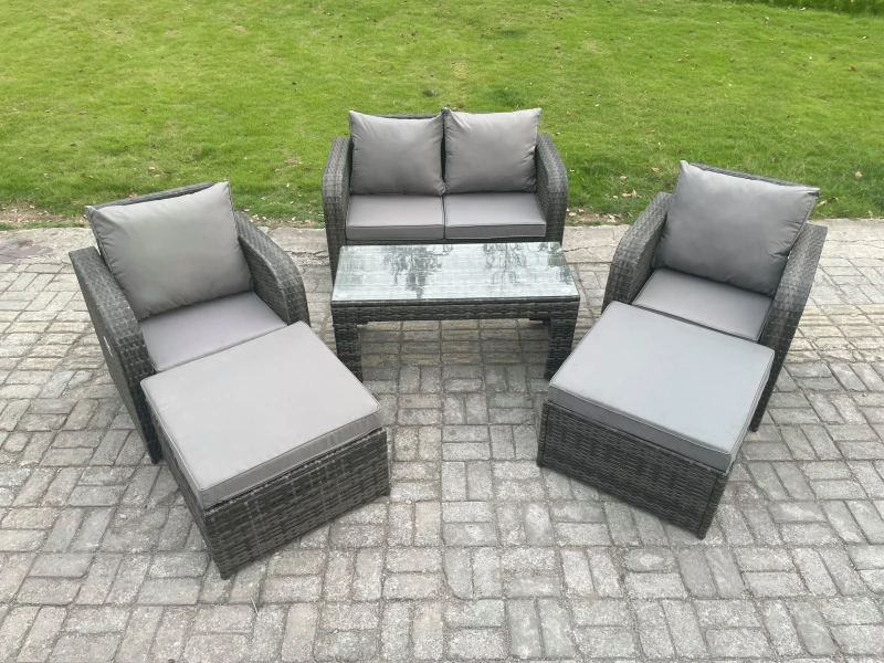 Image of Fimous 6 Seater Rattan Wicker Garden Furniture Patio Conservatory Sofa Set with Rectangular Coffee Table Reclining Chair Love Sofa 2 Big Footstool Dar